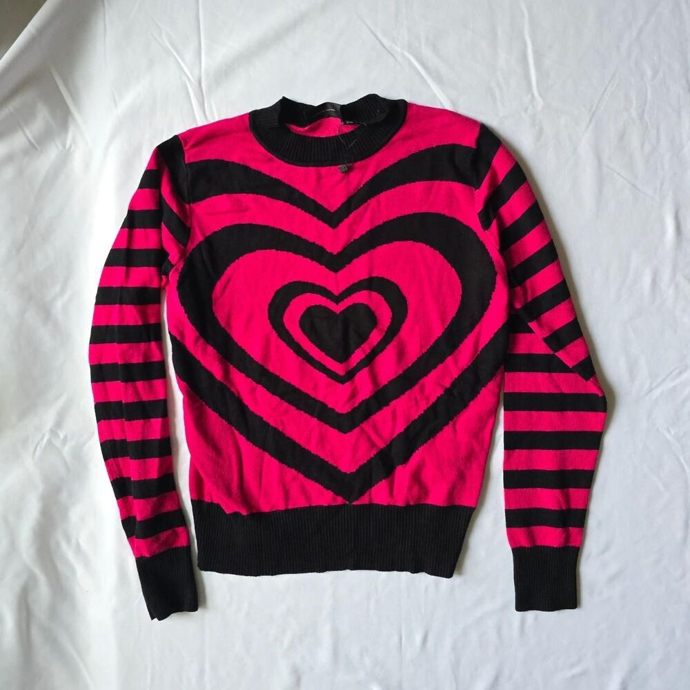 Jawbreaker Pink Black Heart Stripe Knit Sweater Women’s Size L